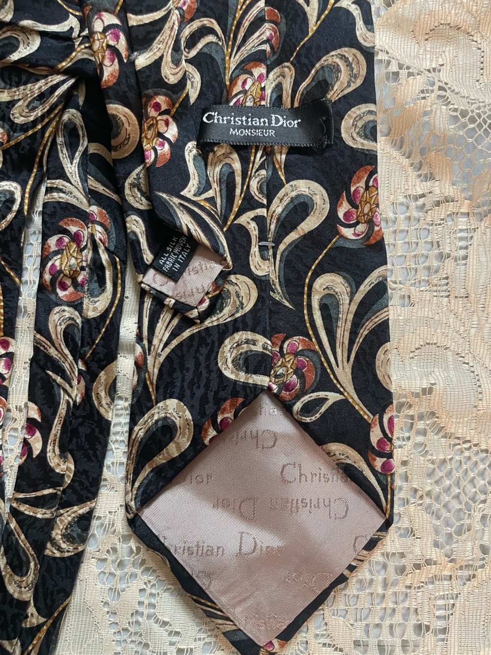 Dior Men Jeans - Silk Black with Beige, Gold and Pink Floral Print